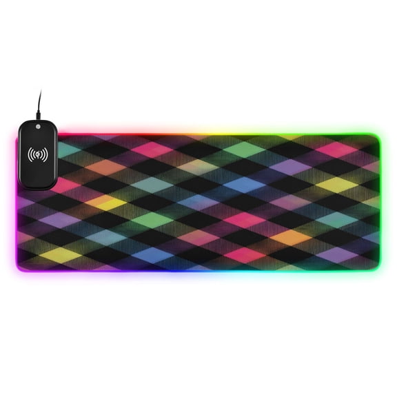 Large RGB Wireless Charging Mouse Pad Neon Rainbow Checkered Pattern14 LED Modes Non-Slip Gaming Mat for Desktop Laptop Office Home