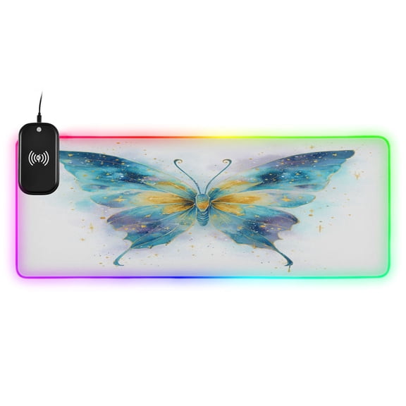 Large RGB Wireless Charging Mouse Pad Nocturnal Azure Butterfly14 LED Modes Non-Slip Gaming Mat for Desktop Laptop Office Home