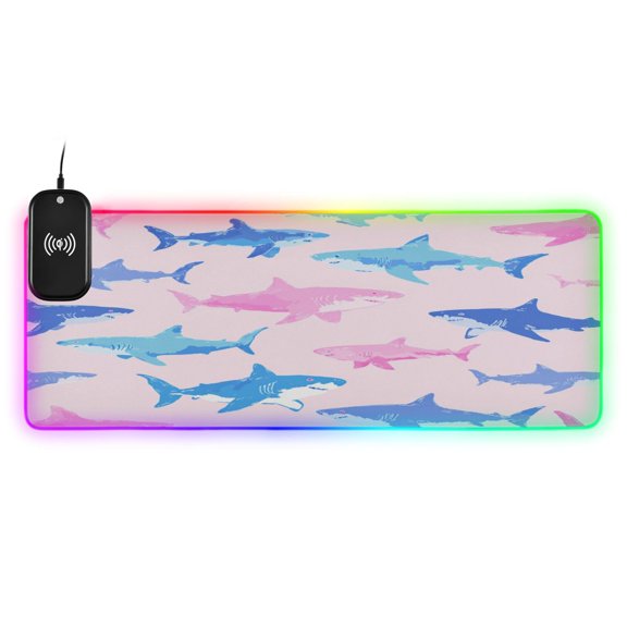 Large RGB Wireless Charging Mouse Pad Ocean Shark Joy14 LED Modes Non-Slip Gaming Mat for Desktop Laptop Office Home
