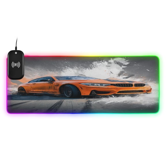 Large RGB Wireless Charging Mouse Pad Orange Car Pattern14 LED Modes Non-Slip Gaming Mat for Desktop Laptop Office Home
