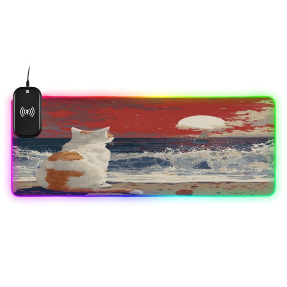 Large RGB Wireless Charging Mouse Pad Orange Cat by The Sea14 LED Modes Non-Slip Gaming Mat for Desktop Laptop Office Home