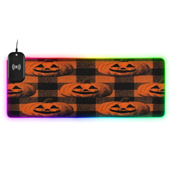 Large RGB Wireless Charging Mouse Pad Orange Striped Smiley Pumpkins14 LED Modes Non-Slip Gaming Mat for Desktop Laptop Office Home