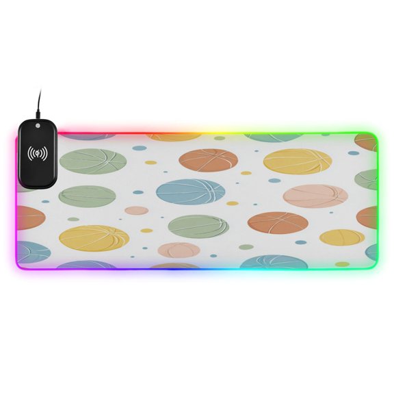 Large RGB Wireless Charging Mouse Pad Pastel Basketball Doodle Pattern14 LED Modes Non-Slip Gaming Mat for Desktop Laptop Office Home