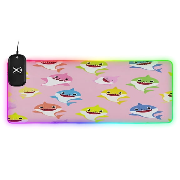 Large RGB Wireless Charging Mouse Pad Pastel Pink Cartoon Shark Print14 LED Modes Non-Slip Gaming Mat for Desktop Laptop Office Home