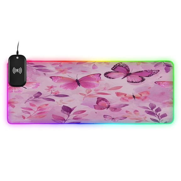Large RGB Wireless Charging Mouse Pad Pink Butterfly Garden in Blush14 LED Modes Non-Slip Gaming Mat for Desktop Laptop Office Home
