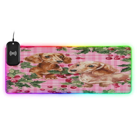 Large RGB Wireless Charging Mouse Pad Pink Cherry Dog Pattern14 LED Modes Non-Slip Gaming Mat for Desktop Laptop Office Home