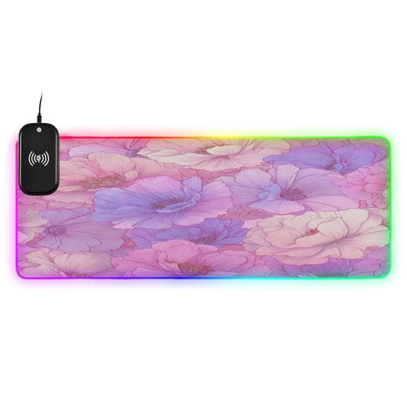Large RGB Wireless Charging Mouse Pad Pink Fantasy Flowers Pattern14 LED Modes Non-Slip Gaming Mat for Desktop Laptop Office Home