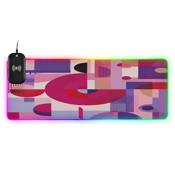 Large RGB Wireless Charging Mouse Pad Pink and Purple Record Pattern14 LED Modes Non-Slip Gaming Mat for Desktop Laptop Office Home