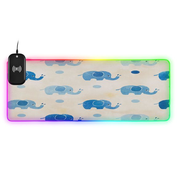 Large RGB Wireless Charging Mouse Pad Playful Blue Elephants14 LED Modes Non-Slip Gaming Mat for Desktop Laptop Office Home