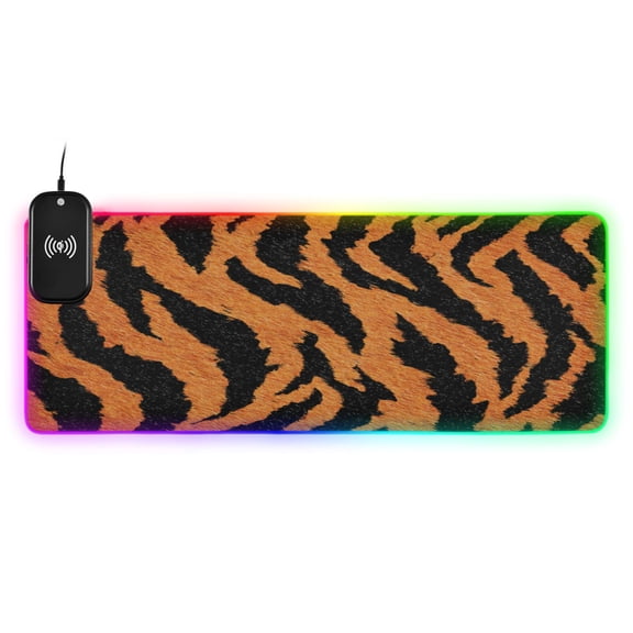 Large RGB Wireless Charging Mouse Pad Plush Tiger Stripe Pattern14 LED Modes Non-Slip Gaming Mat for Desktop Laptop Office Home