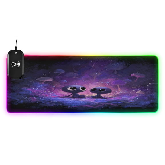 Large RGB Wireless Charging Mouse Pad Purple Alien14 LED Modes Non-Slip Gaming Mat for Desktop Laptop Office Home