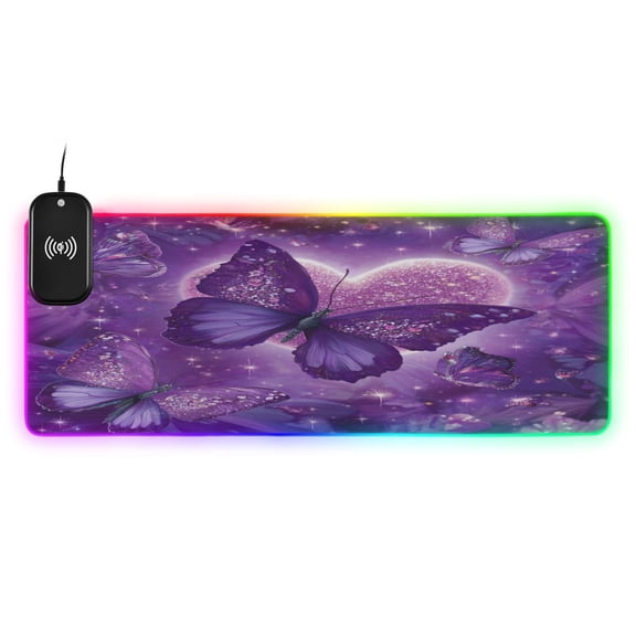 Large RGB Wireless Charging Mouse Pad Purple Diamond Butterfly14 LED Modes Non-Slip Gaming Mat for Desktop Laptop Office Home