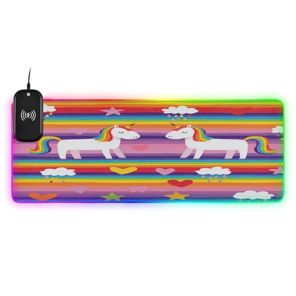 Large RGB Wireless Charging Mouse Pad Rainbow Striped Unicorn Print14 LED Modes Non-Slip Gaming Mat for Desktop Laptop Office Home