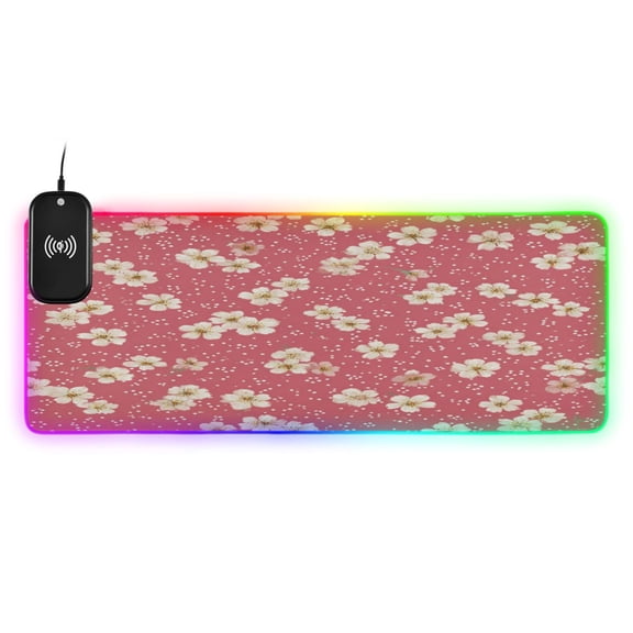 Large RGB Wireless Charging Mouse Pad Red Cherry Blossom Print14 LED Modes Non-Slip Gaming Mat for Desktop Laptop Office Home