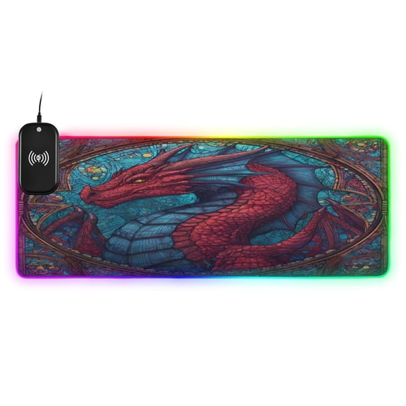 Large RGB Wireless Charging Mouse Pad Red Magical Dragon King14 LED Modes Non-Slip Gaming Mat for Desktop Laptop Office Home
