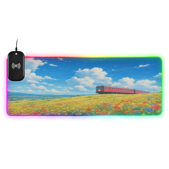 Large RGB Wireless Charging Mouse Pad Red Train Summer Journey14 LED Modes Non-Slip Gaming Mat for Desktop Laptop Office Home