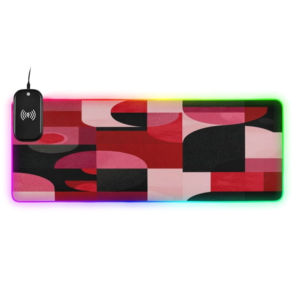 Large RGB Wireless Charging Mouse Pad Red and Black Record Pattern14 LED Modes Non-Slip Gaming Mat for Desktop Laptop Office Home