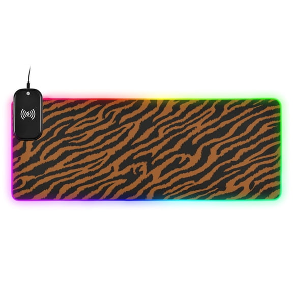 Large RGB Wireless Charging Mouse Pad Rich Brown Tiger Stripes14 LED Modes Non-Slip Gaming Mat for Desktop Laptop Office Home