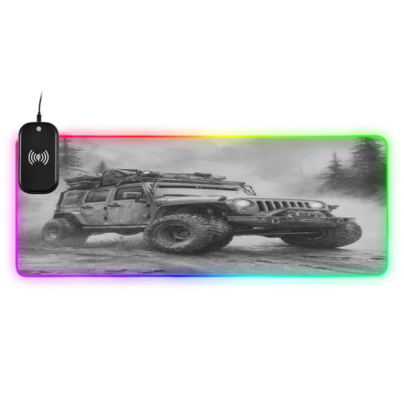 Large RGB Wireless Charging Mouse Pad Rugged Mountain Off-roader14 LED Modes Non-Slip Gaming Mat for Desktop Laptop Office Home