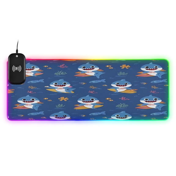 Large RGB Wireless Charging Mouse Pad Shark Ocean Adventure14 LED Modes Non-Slip Gaming Mat for Desktop Laptop Office Home