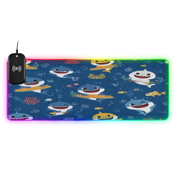 Large RGB Wireless Charging Mouse Pad Shark Playtime Vibes14 LED Modes Non-Slip Gaming Mat for Desktop Laptop Office Home
