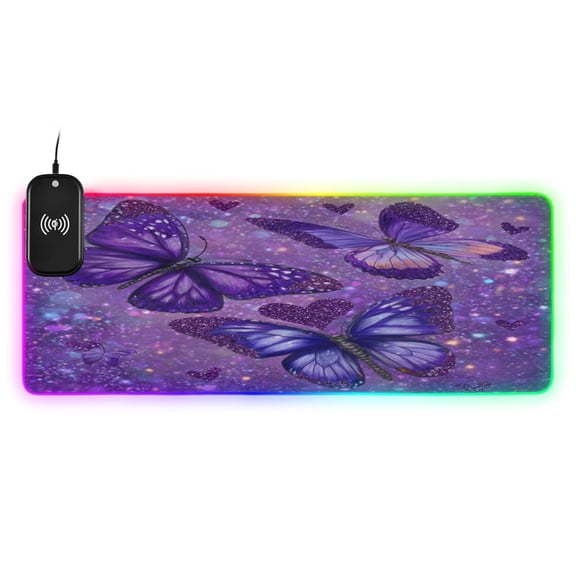 Large RGB Wireless Charging Mouse Pad Shimmering Purple Butterflies14 LED Modes Non-Slip Gaming Mat for Desktop Laptop Office Home