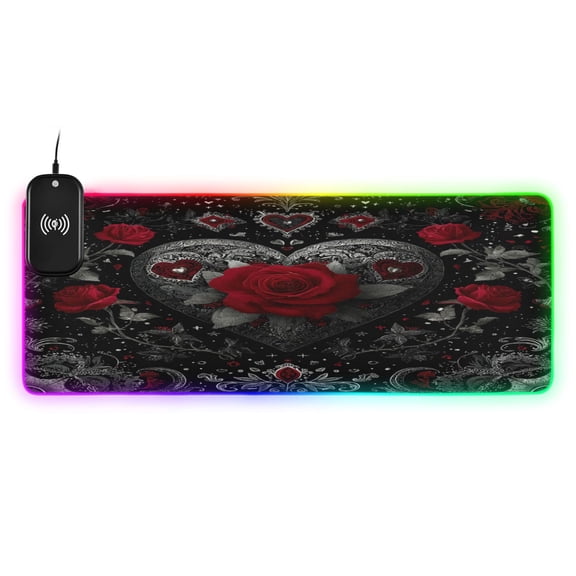 Large RGB Wireless Charging Mouse Pad Silver and Bright Red Roses14 LED Modes Non-Slip Gaming Mat for Desktop Laptop Office Home