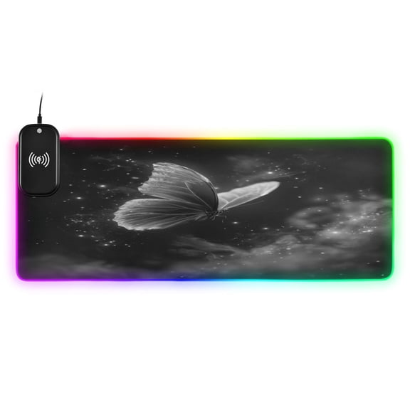 Large RGB Wireless Charging Mouse Pad Silver-glittering Butterfly Pattern14 LED Modes Non-Slip Gaming Mat for Desktop Laptop Office Home