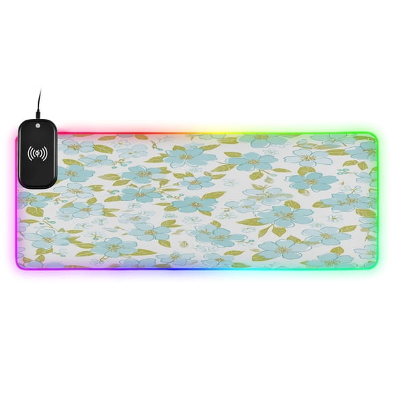 Large RGB Wireless Charging Mouse Pad Sky Blue Cherry Blossom14 LED Modes Non-Slip Gaming Mat for Desktop Laptop Office Home