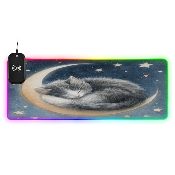 Large RGB Wireless Charging Mouse Pad Sleeping Cat14 LED Modes Non-Slip Gaming Mat for Desktop Laptop Office Home