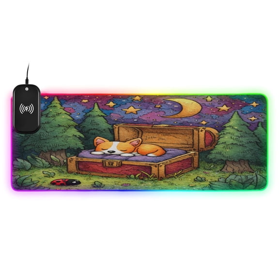 Large RGB Wireless Charging Mouse Pad Sleeping Corgi in A Treasure Chest14 LED Modes Non-Slip Gaming Mat for Desktop Laptop Office Home