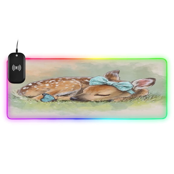 Large RGB Wireless Charging Mouse Pad Sleeping Cute Baby Deer14 LED Modes Non-Slip Gaming Mat for Desktop Laptop Office Home