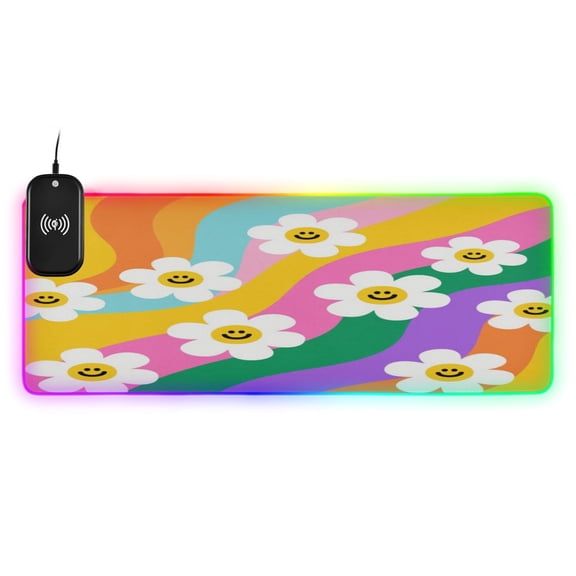 Large RGB Wireless Charging Mouse Pad Smiley Daisy on Rainbow Background14 LED Modes Non-Slip Gaming Mat for Desktop Laptop Office Home