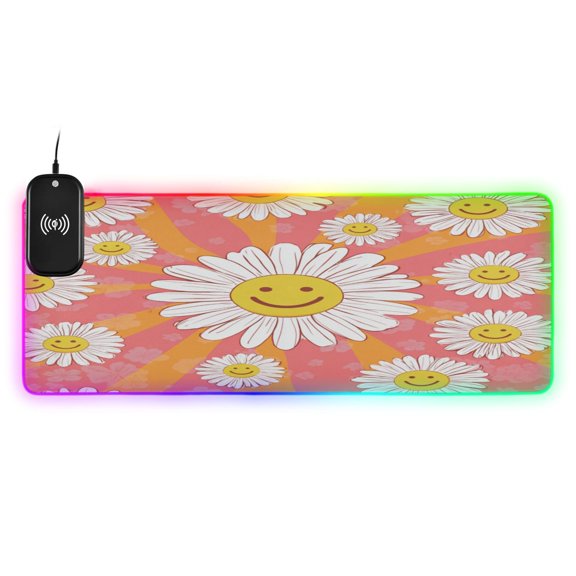 Large RGB Wireless Charging Mouse Pad Smiley Face on Orange Background14 LED Modes Non-Slip Gaming Mat for Desktop Laptop Office Home