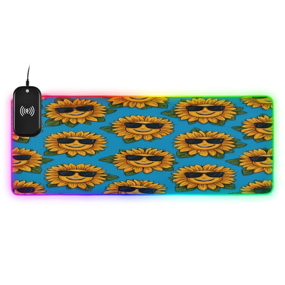 Large RGB Wireless Charging Mouse Pad Smiley Sunglasses Sunflowers14 LED Modes Non-Slip Gaming Mat for Desktop Laptop Office Home