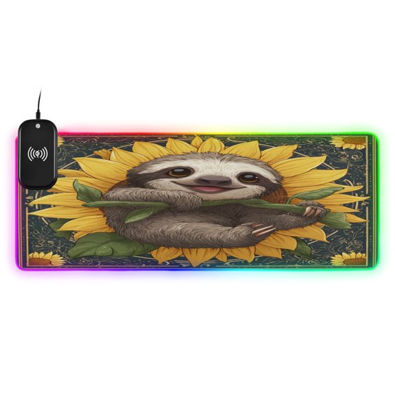 Large RGB Wireless Charging Mouse Pad Smiling Happy Baby Sloth14 LED Modes Non-Slip Gaming Mat for Desktop Laptop Office Home