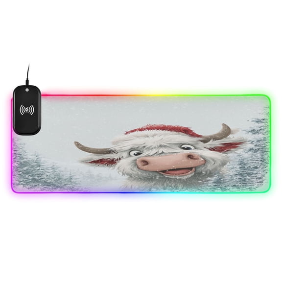 Large RGB Wireless Charging Mouse Pad Snow Highland Cow14 LED Modes Non-Slip Gaming Mat for Desktop Laptop Office Home