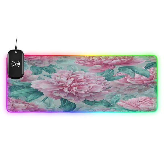 Large RGB Wireless Charging Mouse Pad Soft Pink Peony Pattern14 LED Modes Non-Slip Gaming Mat for Desktop Laptop Office Home