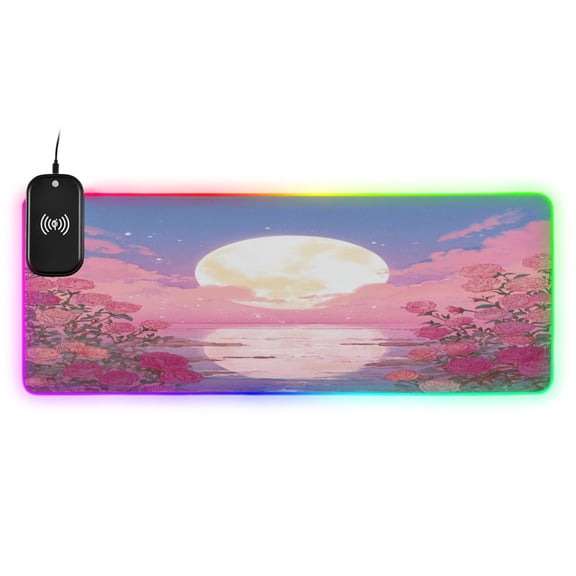 Large RGB Wireless Charging Mouse Pad Soft Pink Sky14 LED Modes Non-Slip Gaming Mat for Desktop Laptop Office Home