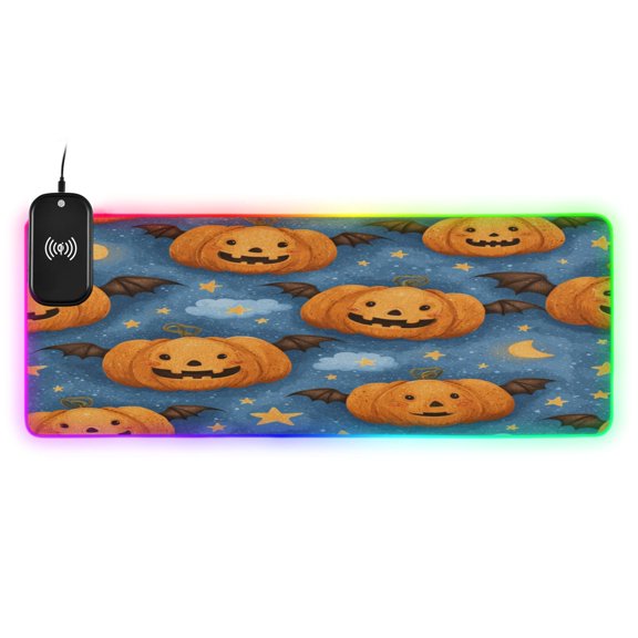 Large RGB Wireless Charging Mouse Pad Spooky Evil Pumpkin Designs14 LED Modes Non-Slip Gaming Mat for Desktop Laptop Office Home