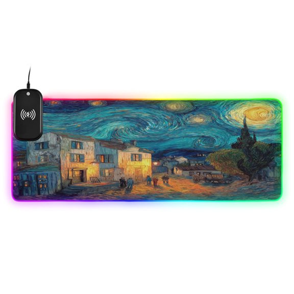 Large RGB Wireless Charging Mouse Pad Starry Village at Dusk14 LED Modes Non-Slip Gaming Mat for Desktop Laptop Office Home