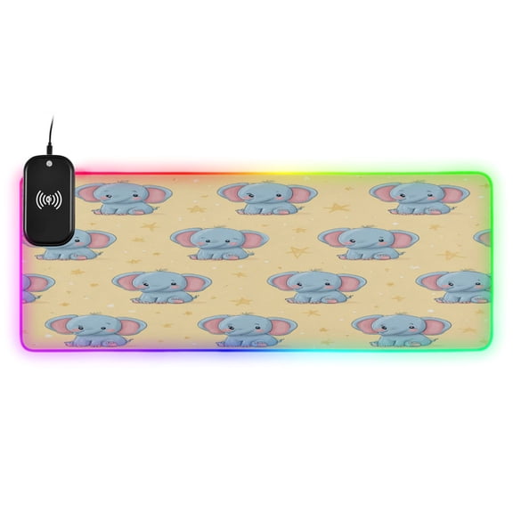 Large RGB Wireless Charging Mouse Pad Starry Yellow Blue Elephants14 LED Modes Non-Slip Gaming Mat for Desktop Laptop Office Home