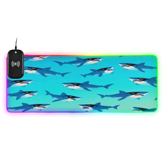 Large RGB Wireless Charging Mouse Pad Stylish Shark in Sunglasses Design14 LED Modes Non-Slip Gaming Mat for Desktop Laptop Office Home