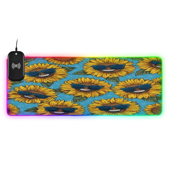 Large RGB Wireless Charging Mouse Pad Sunglasses Smiley Sunflowers14 LED Modes Non-Slip Gaming Mat for Desktop Laptop Office Home