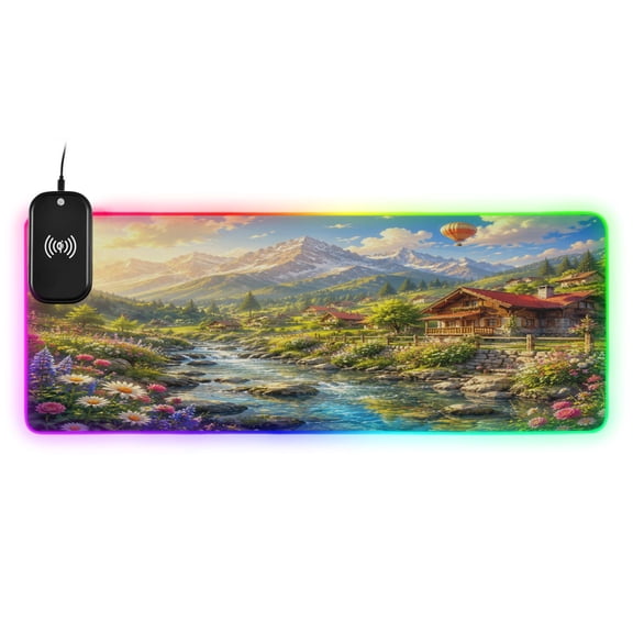 Large RGB Wireless Charging Mouse Pad Sunny Mountain Village Pattern14 LED Modes Non-Slip Gaming Mat for Desktop Laptop Office Home