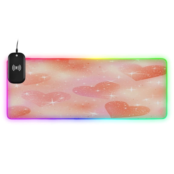 Large RGB Wireless Charging Mouse Pad Sunset Glow Heart Tapestry14 LED Modes Non-Slip Gaming Mat for Desktop Laptop Office Home