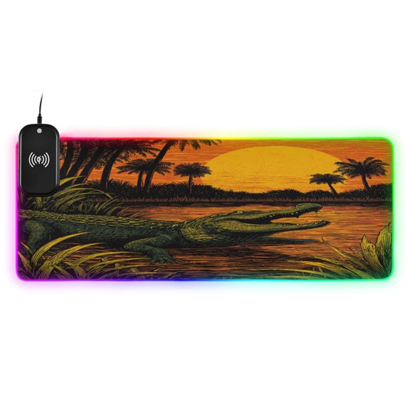 Large RGB Wireless Charging Mouse Pad Swamp Alligator Art14 LED Modes Non-Slip Gaming Mat for Desktop Laptop Office Home