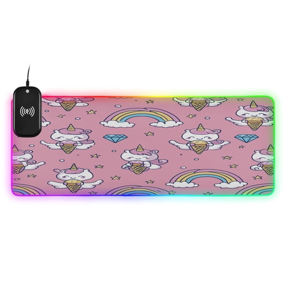 Large RGB Wireless Charging Mouse Pad Sweet Dreamy Unicorn Print14 LED Modes Non-Slip Gaming Mat for Desktop Laptop Office Home