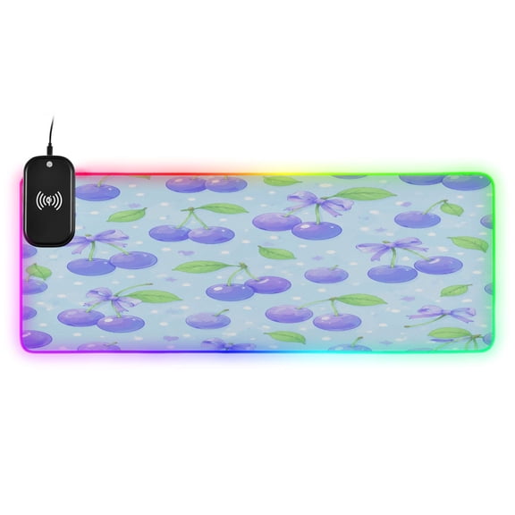 Large RGB Wireless Charging Mouse Pad Sweet Purple Cherries Pattern14 LED Modes Non-Slip Gaming Mat for Desktop Laptop Office Home