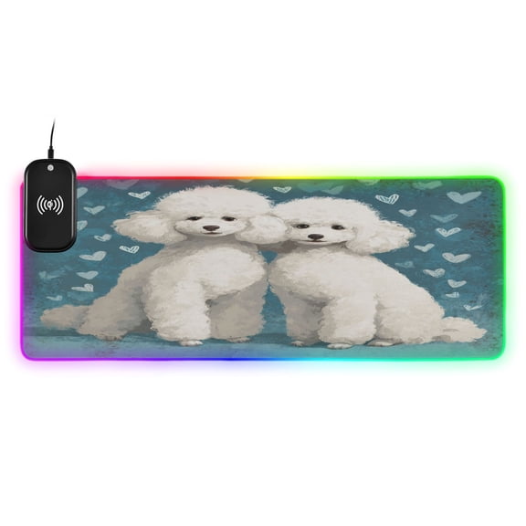 Large RGB Wireless Charging Mouse Pad Sweet White Poodle Duo14 LED Modes Non-Slip Gaming Mat for Desktop Laptop Office Home